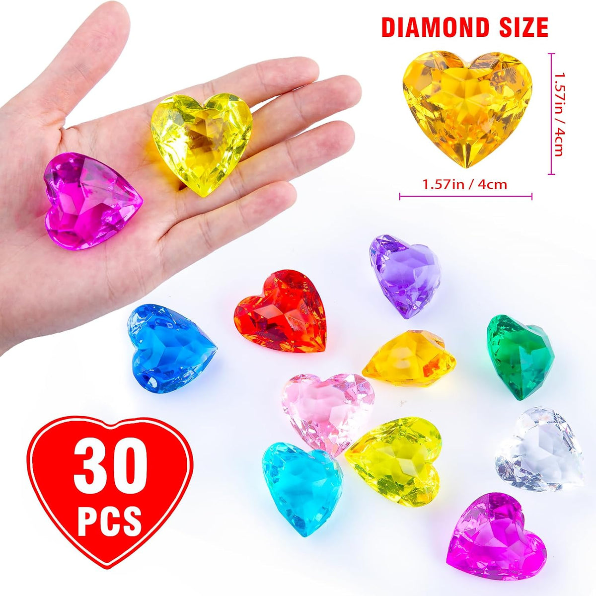 Niceup acrylic heart gems, 30 chunky 3D heart-shaped diamond gemstones for kids - view 33