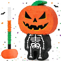 WERNNSAI Halloween skull pumpkin piñata in orange and black with spooky face - view 4