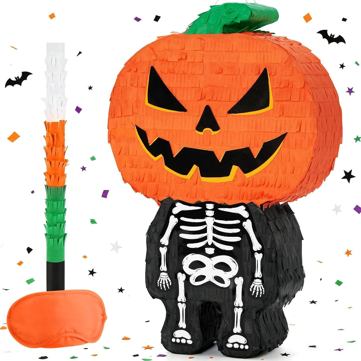 WERNNSAI Halloween skull pumpkin piñata in orange and black with spooky face - view 4