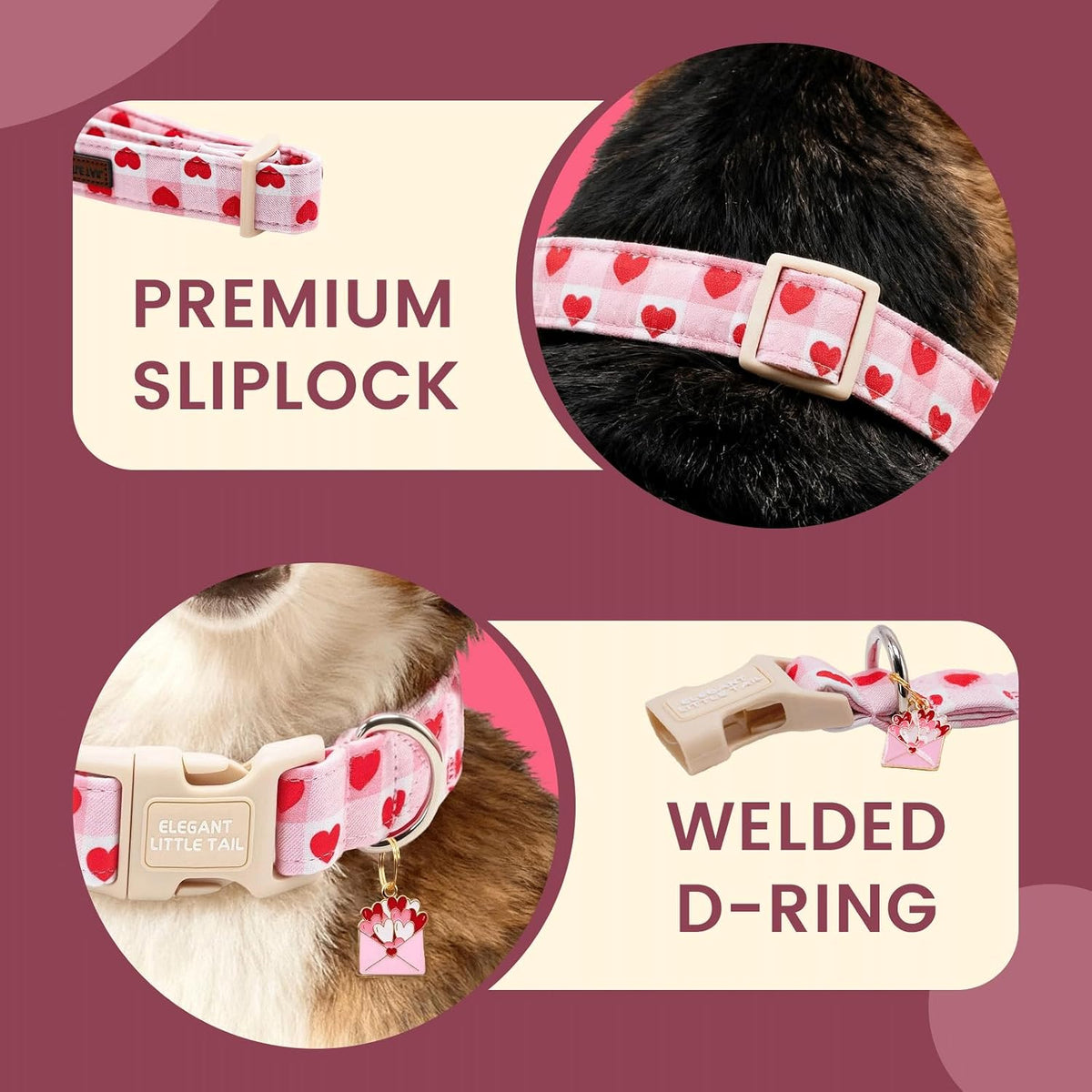 Elegant little tail Dog Collar - Pink Checkered Heart / X-Small (Pack of 1) - image 3
