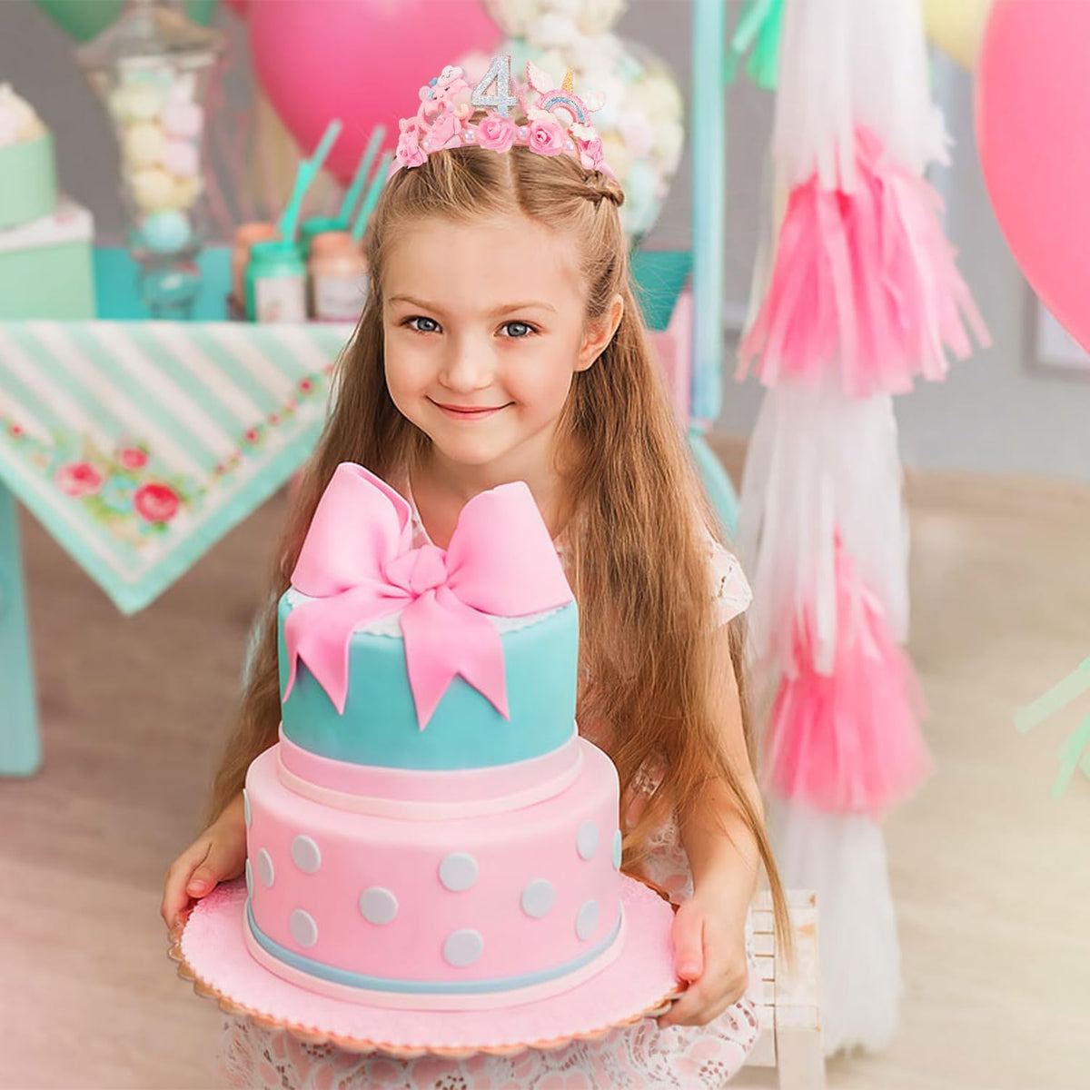 SuPoo 4th Birthday Headband Flower Crown for Girls Princess Tiara 4th - Pink-4th - image 2