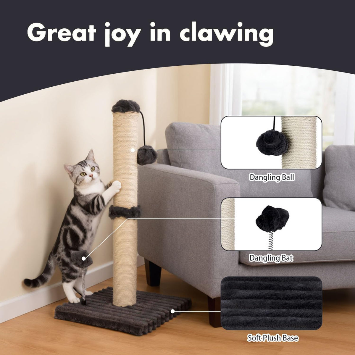 MECOOL 34” Tall Cat Scratching Post Premium Basics Kitten Scratcher - 22 inches for kitten / Charcoal Gray - image 2