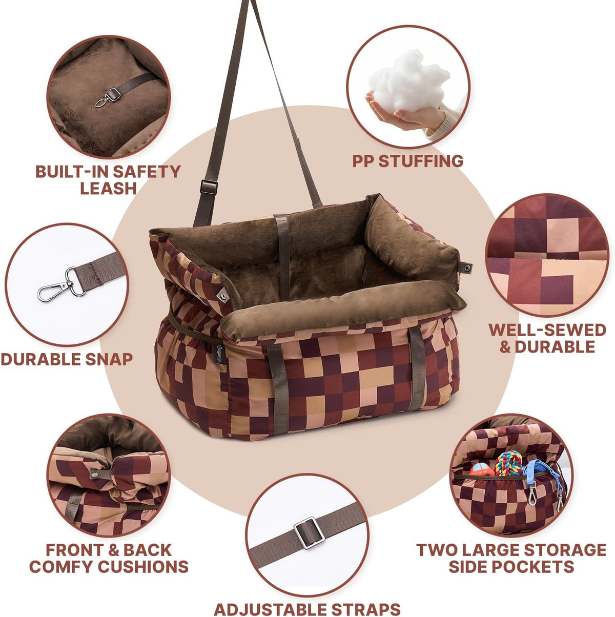 BurgeonNest Dog Car Seat for Small Dogs up to 25 lbs Grey – Essentials for Dogs - Plaid Brown - image 4