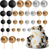 ASTARON 32 Pcs Foam Balls Cake Topper Decorations for Party Cake - Gold，silver，black
