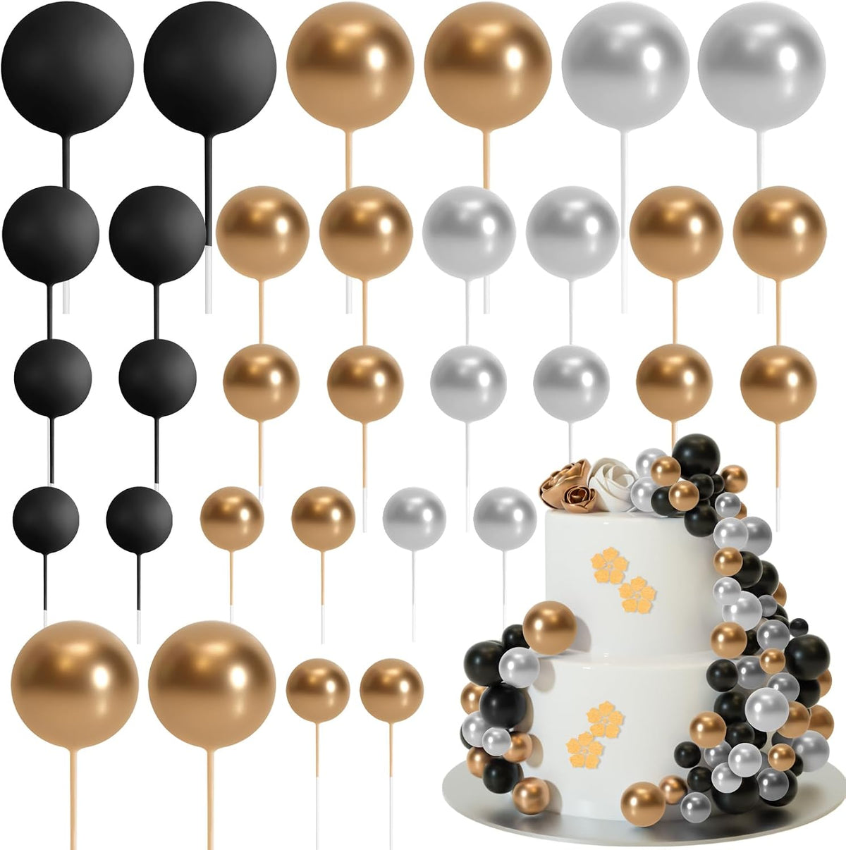 ASTARON 32 Pcs Foam Balls Cake Topper Decorations for Party Cake - Gold，silver，black