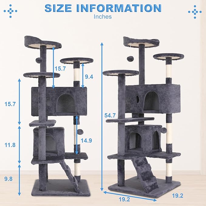 FDW Cat Tree 54in Cat Tower Multi-Level Durable Cat Scratching Post & Cozy Fun Cat Jumping Platform Space Saving Cat Condo Pet Play House for Indoor Cats,Ashy