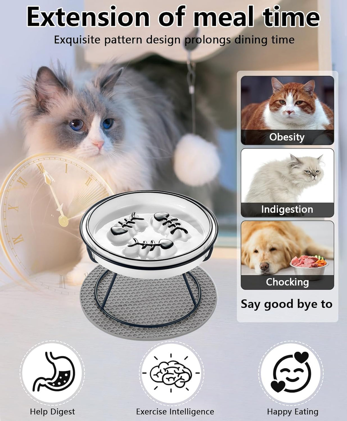 Ceramic Elevated Slow Feeder Cat Bowl, Anti Vomit - 2PCS Black - image 3
