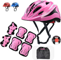 Kids helmet and pad set in pink with knee, elbow and wrist guards and storage bag