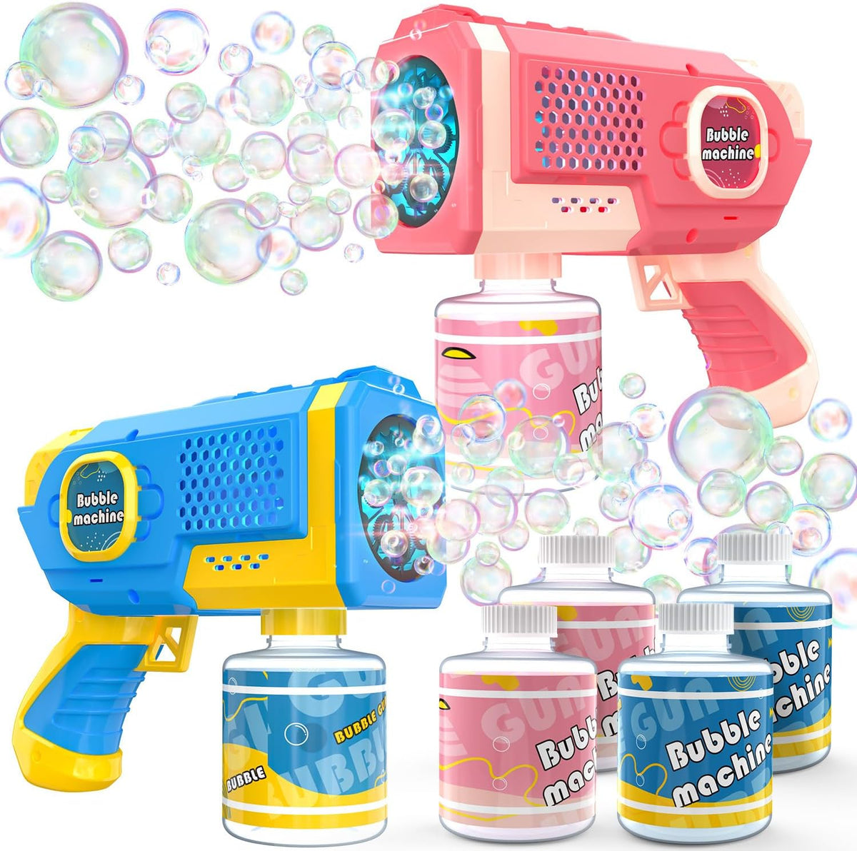 EagleStone 2 Packs Automatic Bubble Machine Guns with 4 Bottles - Pink, Blue