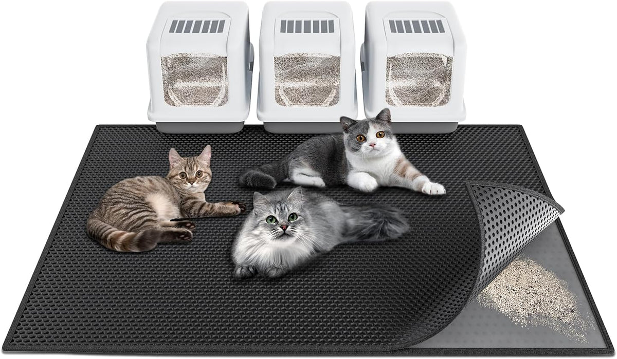 Waretary Cat Litter Mat, 36"x30", Waterproof, Scatter Control - Black / 47"x 36"