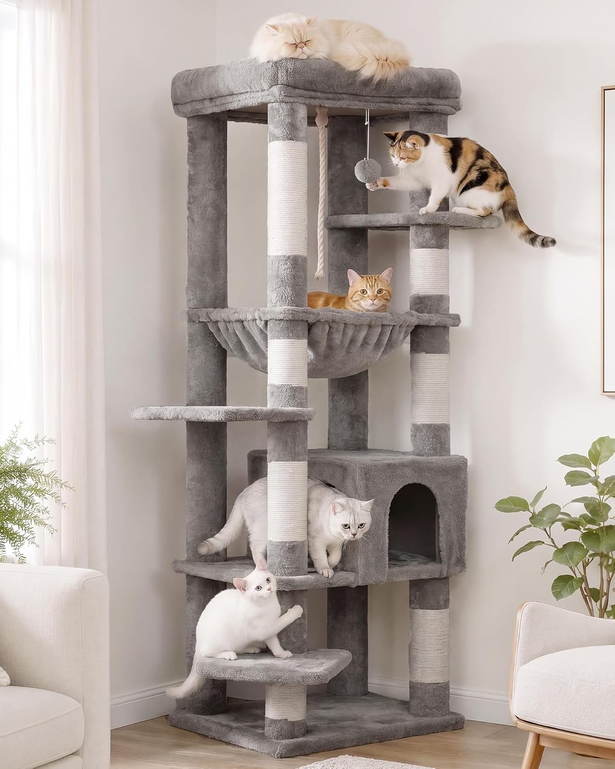 Heybly Cat Tree, 76-Inch Tall Heavy Duty Cat Tower for Big Cats HCT039G – Essentials for Cats - Light Gray / 60 inch