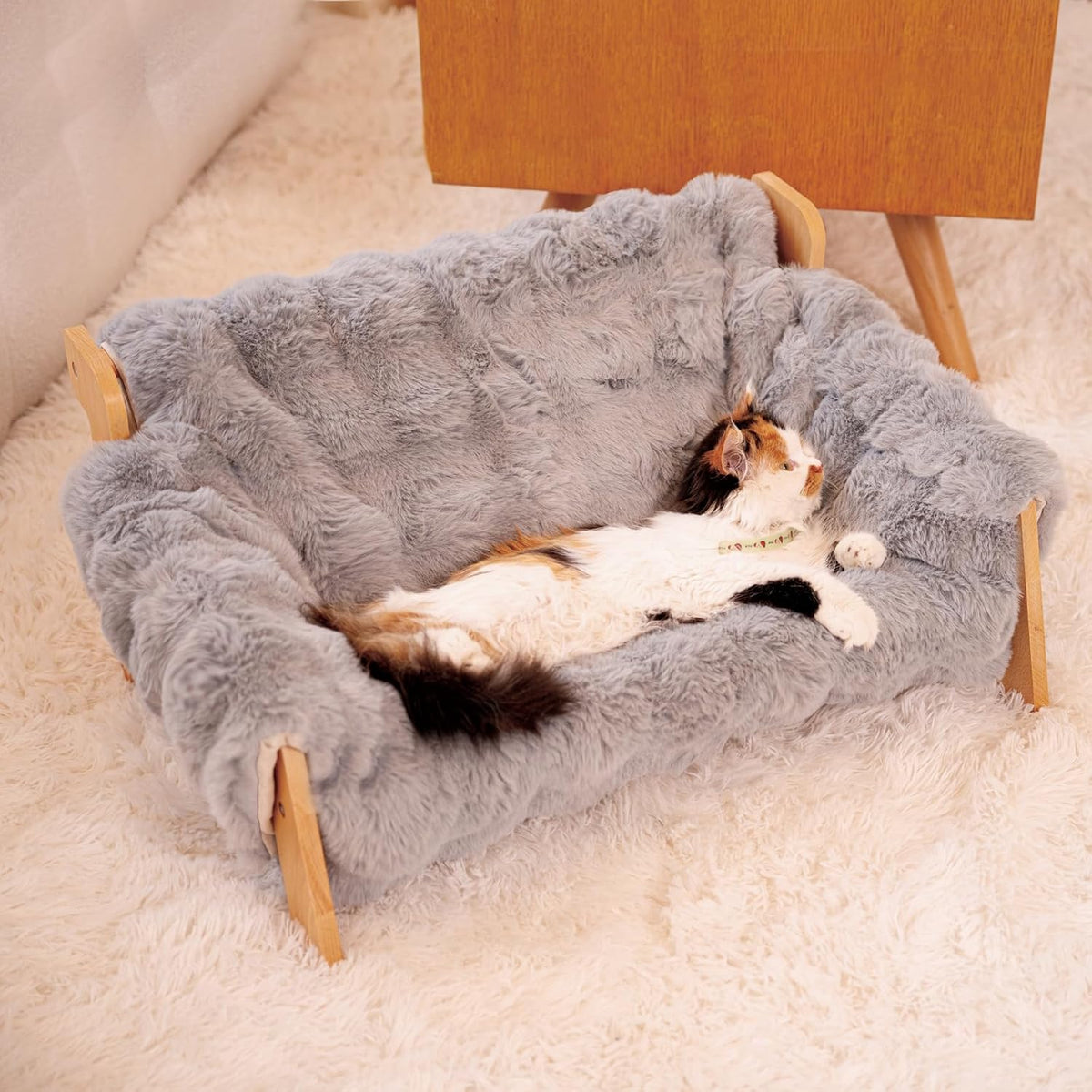 Elevated Cat Couch Bed Wooden Raised Kitty Sofa Lounge Chair – Essentials for Cats - Cat Sofa-Dark Grey(Blue)