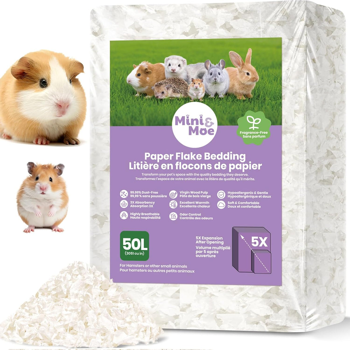 Hamster Bedding 50L Guinea Pig Paper Bedding Odor Control 99% - WinterSnow-50L / 50 Liters