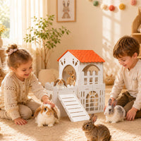 Large Rabbit House, Wooden Bunny Castle with 3 Houses Indoor - 3 Houses Color Roof - image 2