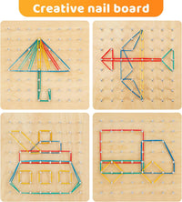 Heelwire wooden geoboard with colored rubber bands stretched into shapes and pattern cards - view 2