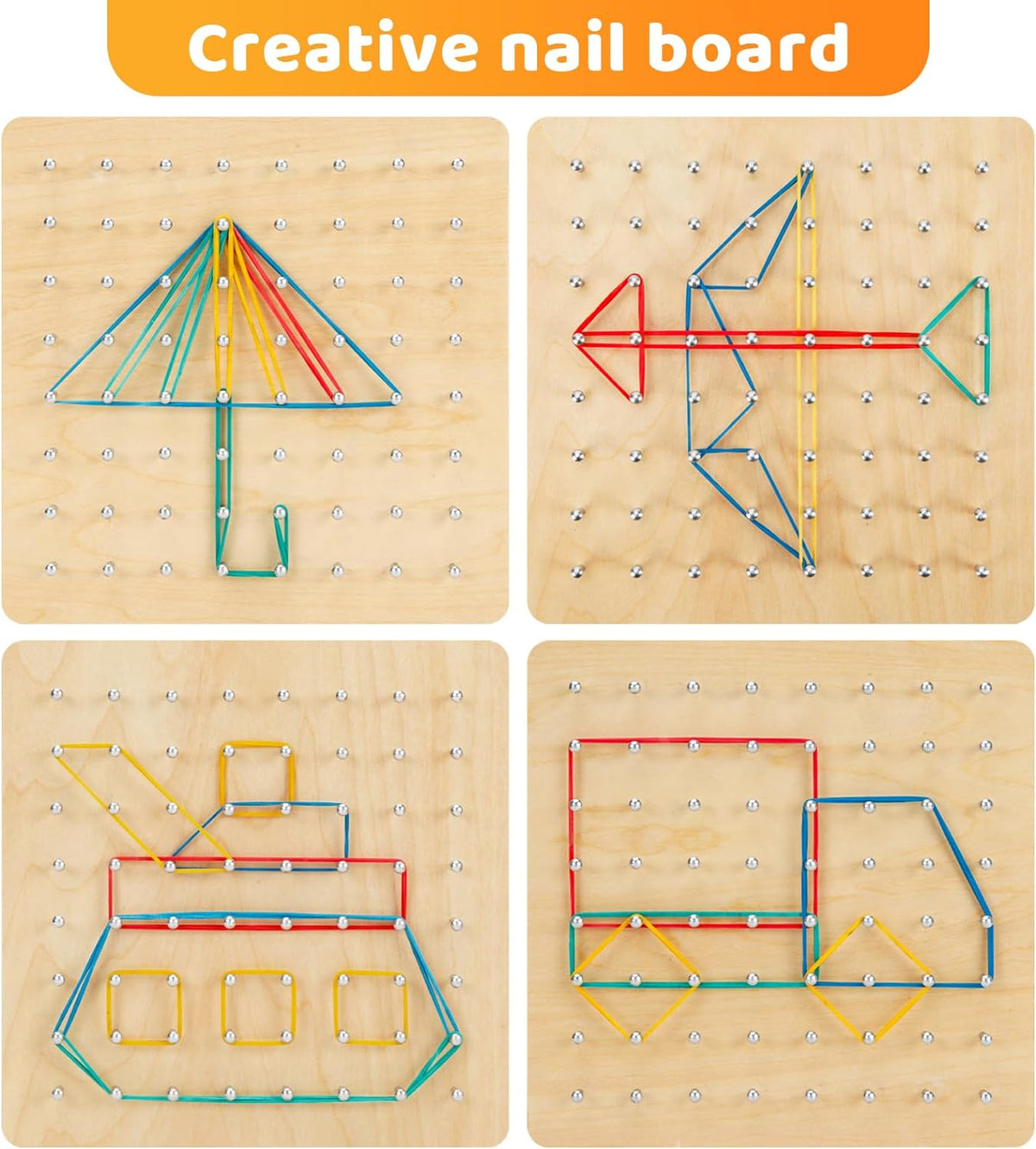 Heelwire wooden geoboard with colored rubber bands stretched into shapes and pattern cards - view 2