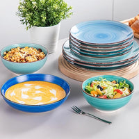 vancasso Bonita Dinnerware Set 24 Pieces Blue Stoneware Service for 6, Handpainted Spirals Pattern Stoneware Combination Set