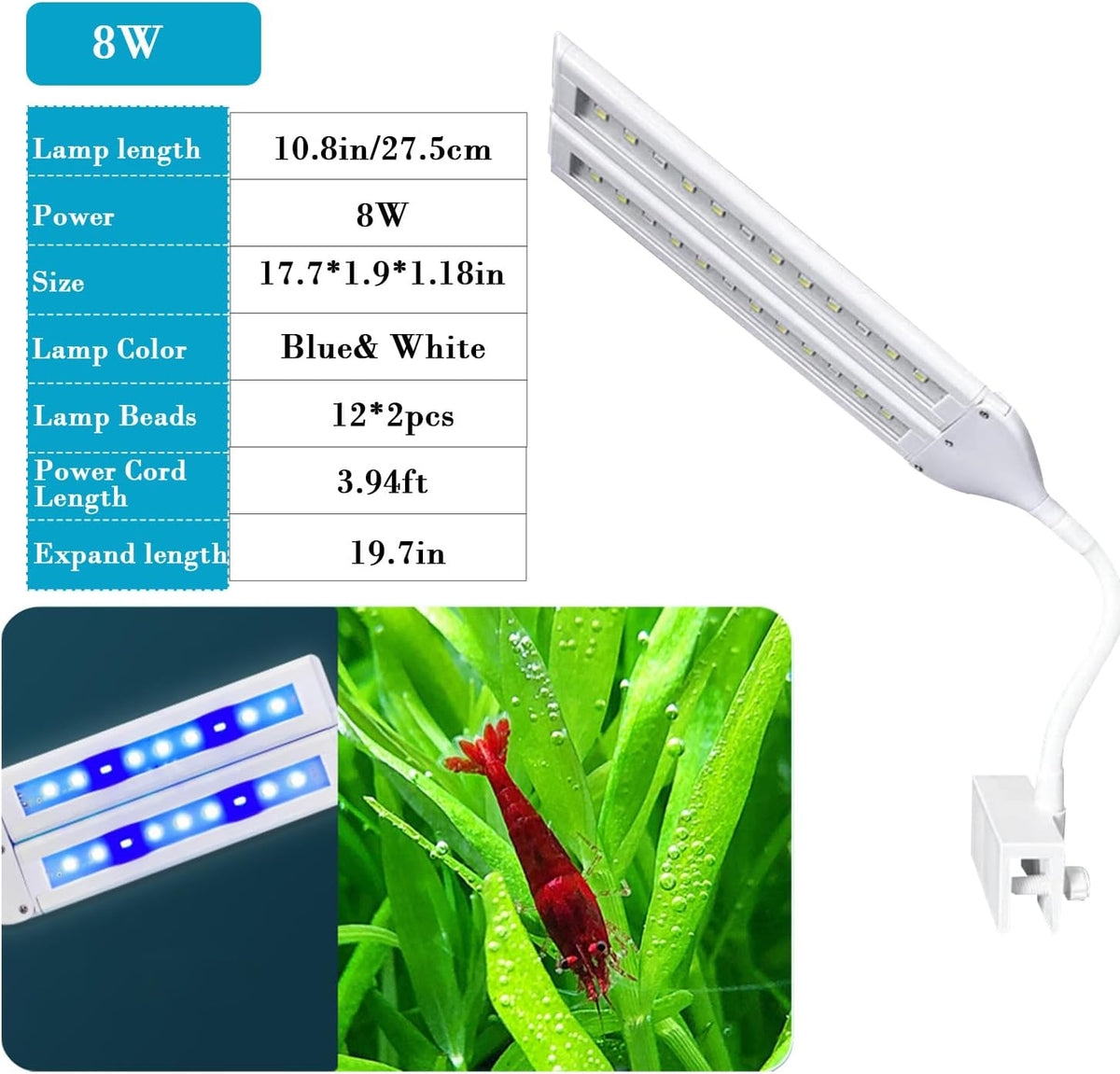 LED Aquarium Light Full Spectrum Clip Fish Tank Light Plants Light - 8W For 10-35 Gal Fish Tank - image 2