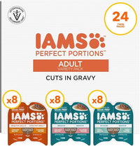 IAMS Perfect Portions Adult Wet Cat Food Cuts in Gravy, Chicken, Tuna, and Salmon Recipe Variety Pack, 2.6 oz. Easy Peel Twin-Pack Trays (24 Count, 48 Servings)