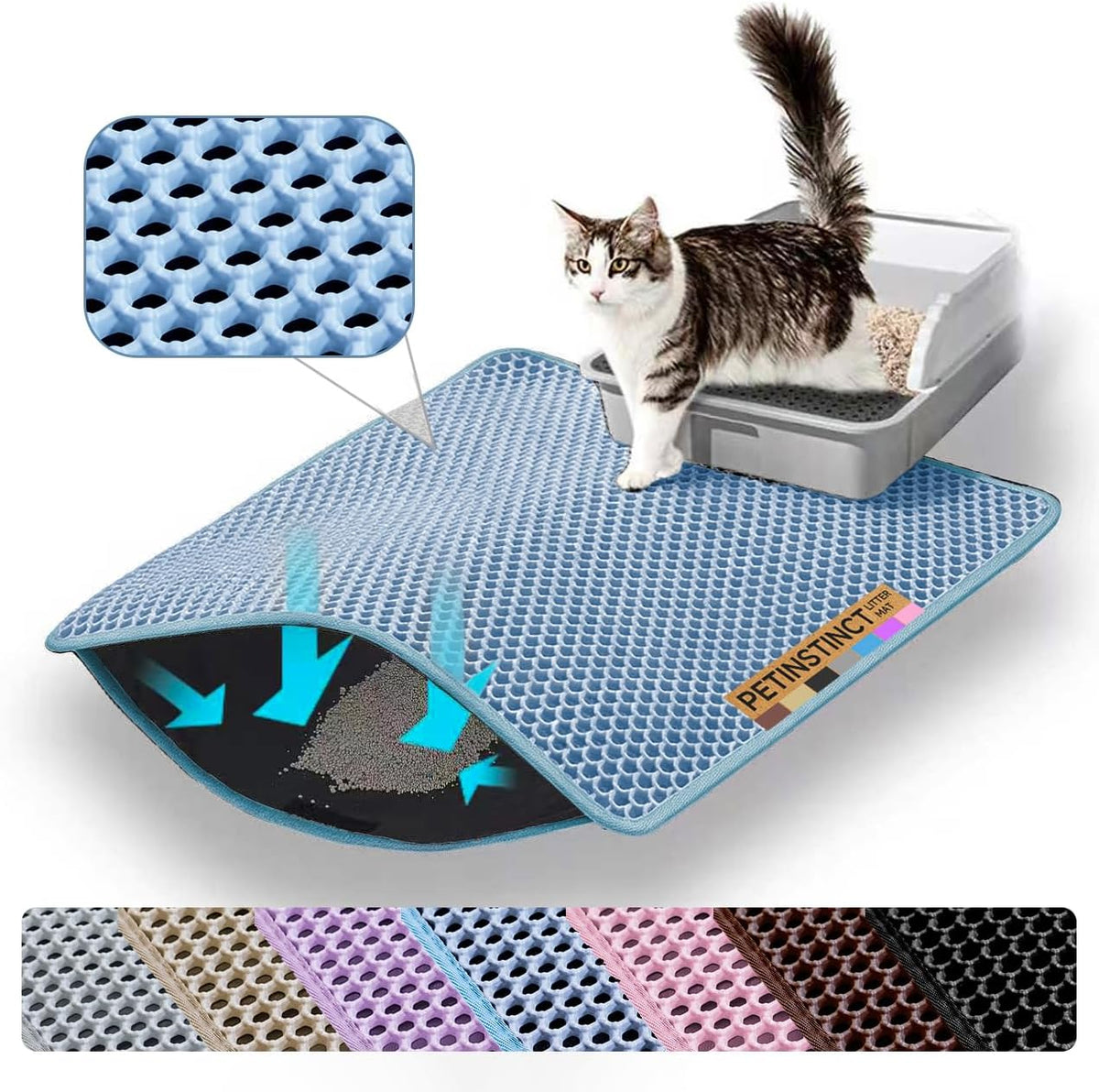 Cat Litter Mat, Double Layer Honeycomb Litter Box Mat – Daily Care for Cats - 24x18 Inches / Blue