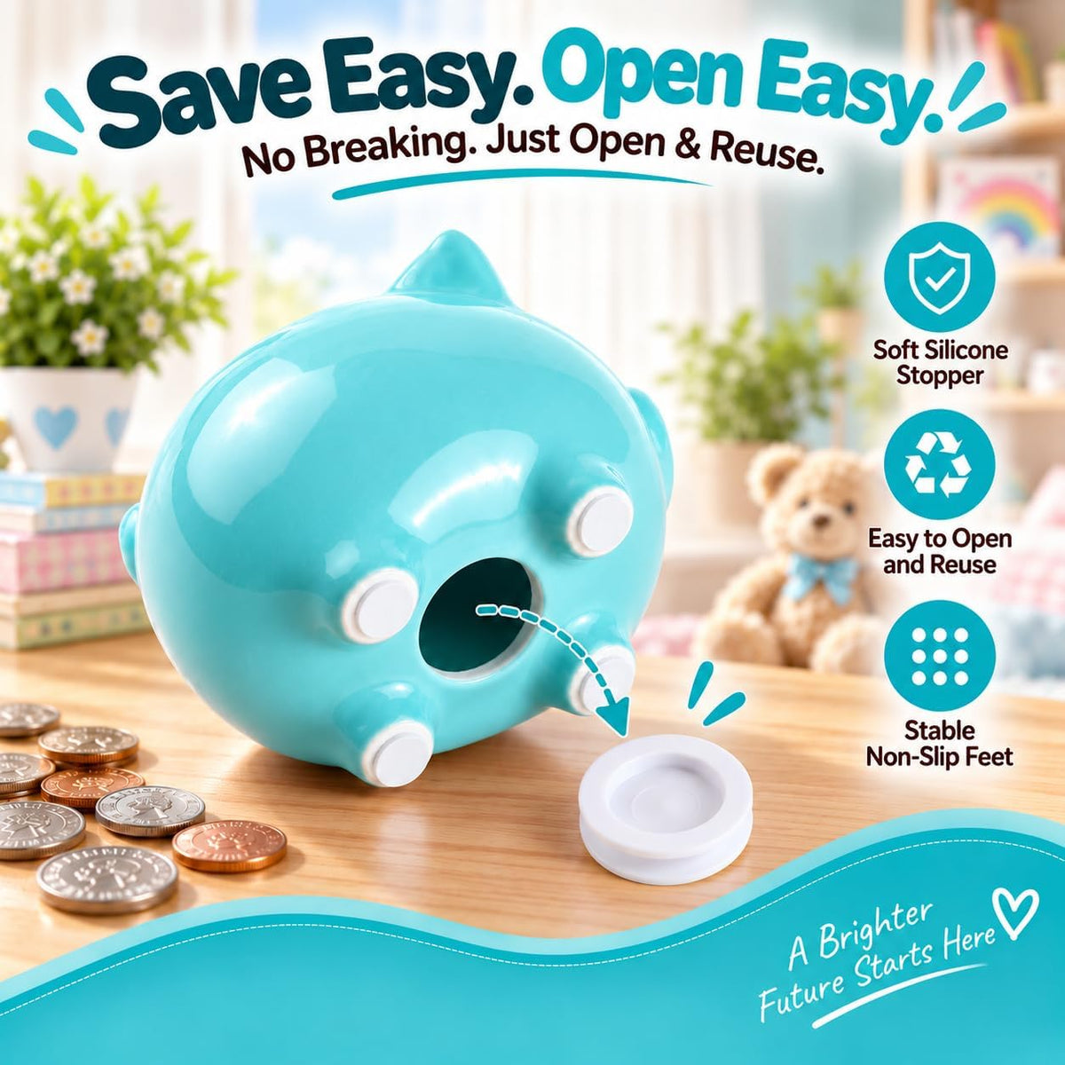 SOBEIT Piggy Bank for Kids Girls Boys, Glazed Ceramic Coin Bank - Style 1 Blue - image 3
