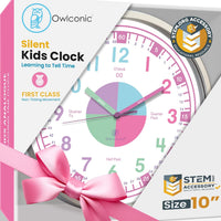 OWLCONIC Kids Teaching Clock, Learning Clock, Silent 10in - Pastel