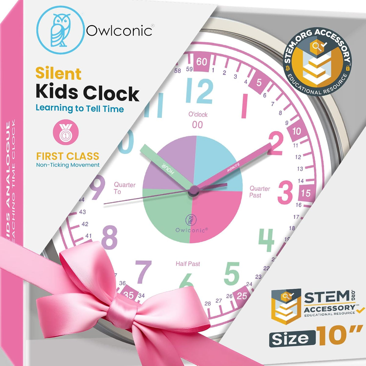 OWLCONIC Kids Teaching Clock, Learning Clock, Silent 10in - Pastel