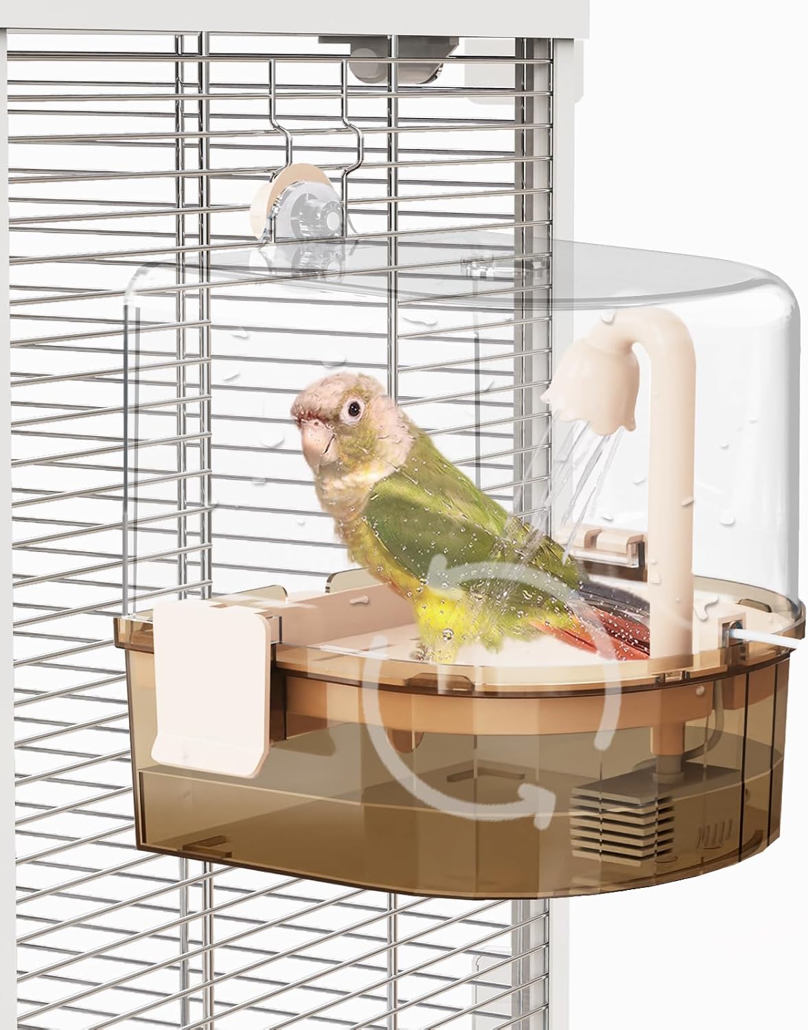 Water Circulation Bird Bath, Hanging Cage Shower Box – Essentials for Birds - Light brown