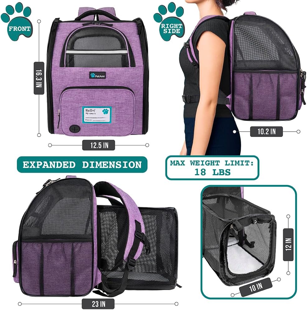 PetAmi Expandable Dog Cat Backpack Carrier, Airline Approved - 12.5"L x 10.2"W x 16.3"H / Purple - image 2