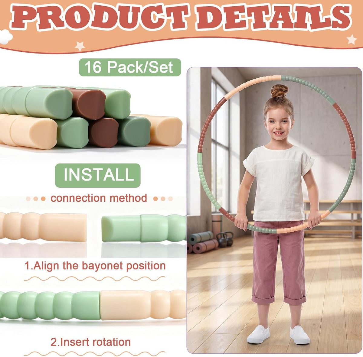 Vinsot plastic hoops for kids, 16 multicolor snap-together exercise hoops - view 9