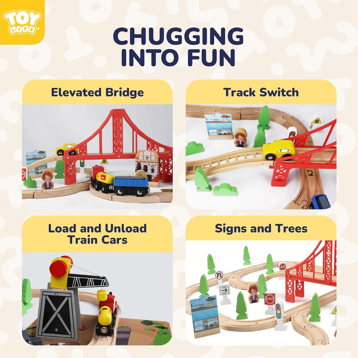TOY Life Wooden Train Set with Crane, 60-Pc Track, Boys 3-8 – Fun for Kids & Family - 80 PCS Wooden Train set - image 2