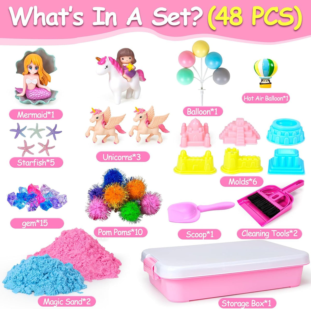Tcvents unicorn sensory bin with pink sandbox, play sand, castle molds and unicorn figures - view 6