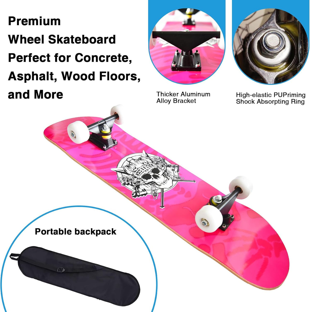 Skateboards for Beginners Kids Boys Girls and Adults, 31''x8'' - Pink Skull - image 4
