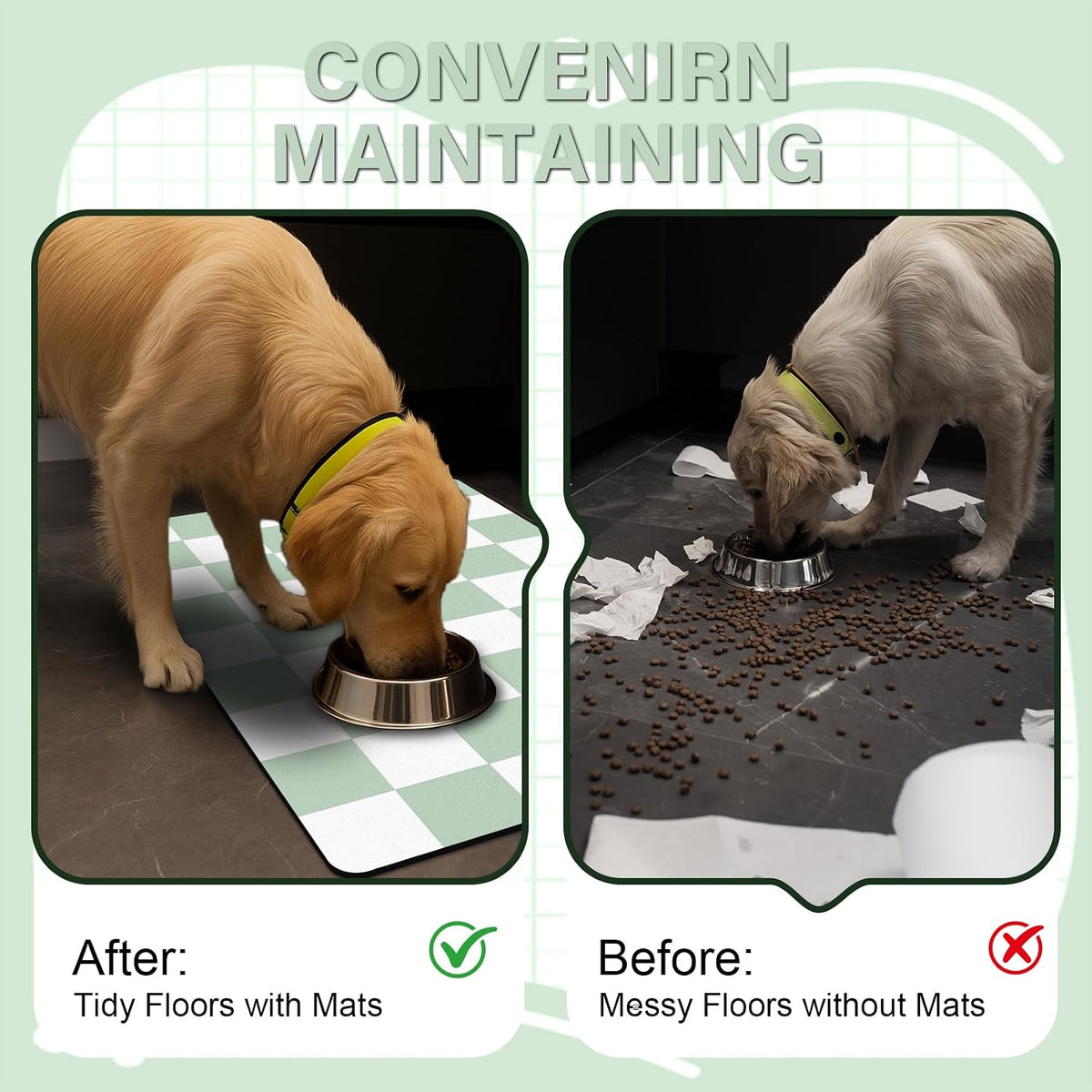 Cat Food Mat, 12"x 20" Cat Dog Mats for Food and Water Bowl - 16"L x 24"W / Green & White - image 4