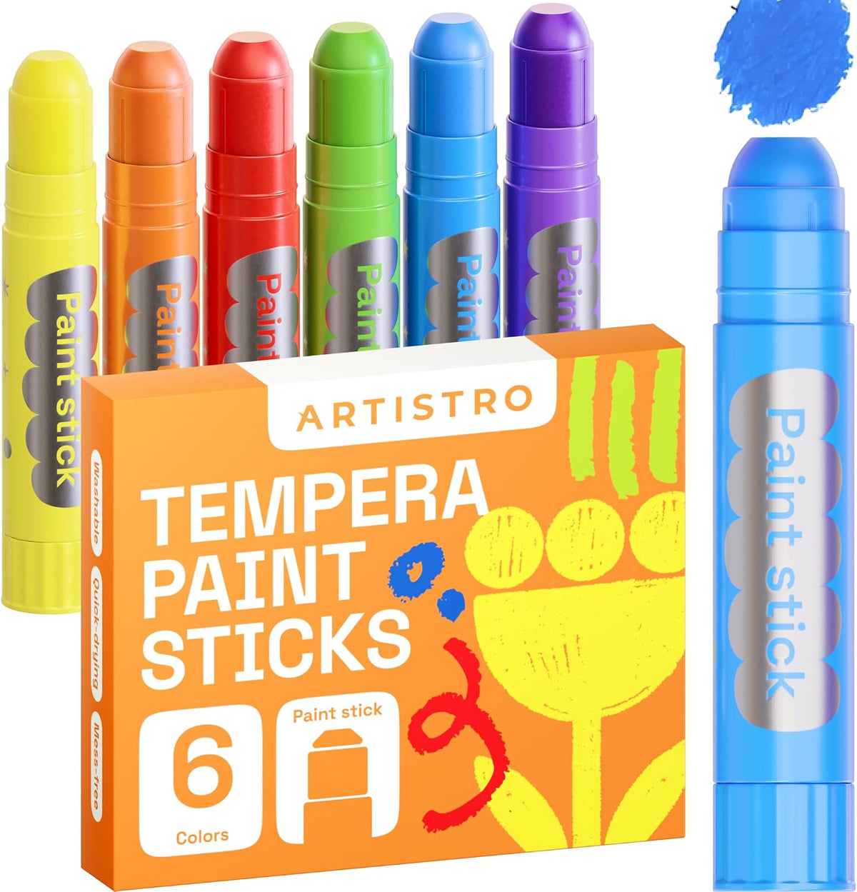 ARTISTRO 100% Washable Tempera Paint Sticks for Kids - 6 Colors