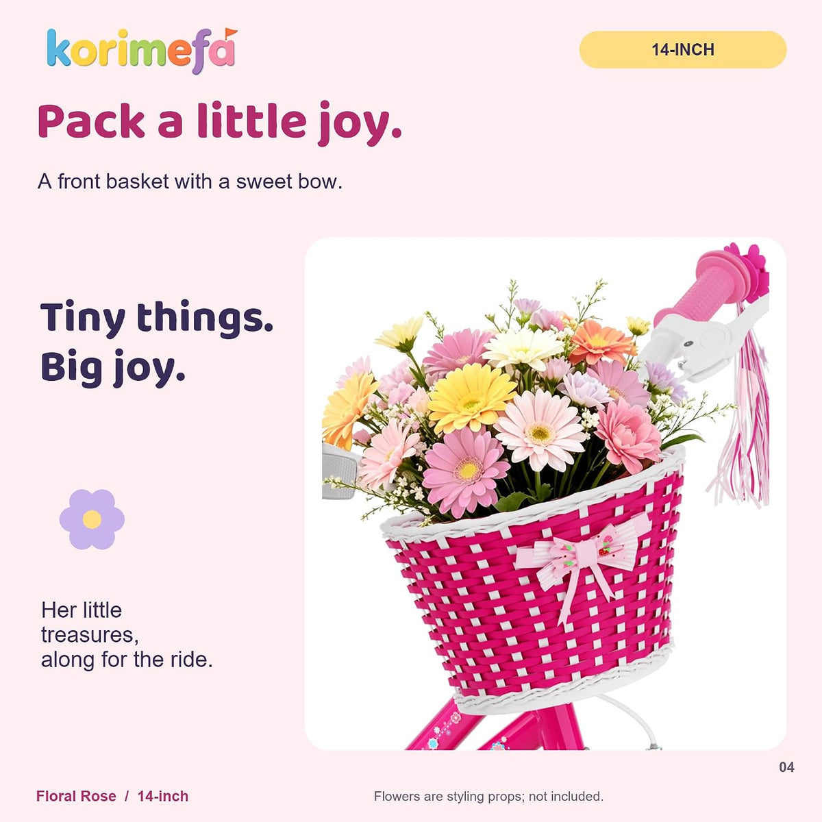 KORIMEFA girls bike with training wheels, basket and streamers in Rose Red - view 8