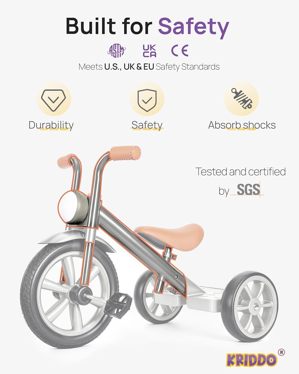 KRIDDO Tricycle for Toddlers 2-5 Years: Rubber Front Wheel - Cement Grey - image 2