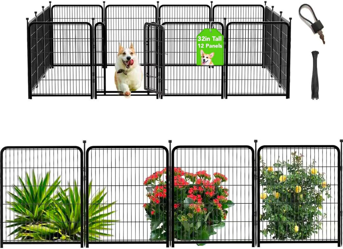Dog Playpen 48 inch 8 Panels Total 17.7 Ft Dog Fence Outdoor - 32''(H)-12panels-26.6ft(L)