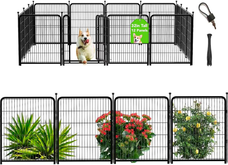 Dog Playpen 48 inch 8 Panels Total 17.7 Ft Dog Fence Outdoor - 32''(H)-12panels-26.6ft(L)