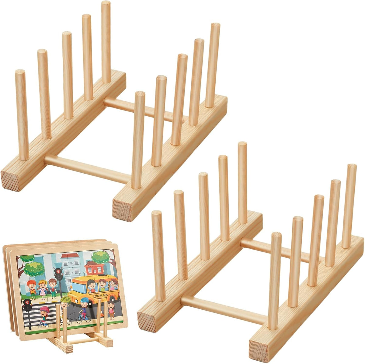 Barydat 2 piece natural wood puzzle rack organizer holding jigsaw puzzle boxes upright - view 2