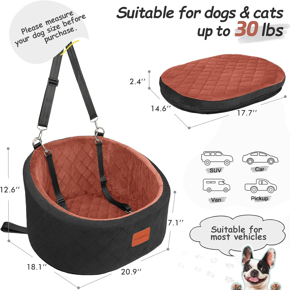 Lealchum Dog Car Seat for Small Dogs Up to 30 Lbs with 2 Safety Dog - Black/Brown / Small - image 2