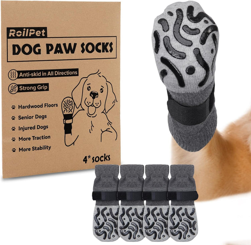 Non Slip Dog Socks for Hardwood Floor Senior Dogs Double Sided Grip – Essentials for Dogs - Grey / X-Large(Pack of 4)