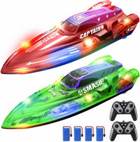 DEERC 2-pack remote control boats for kids with LED lights in green and red, white, blue