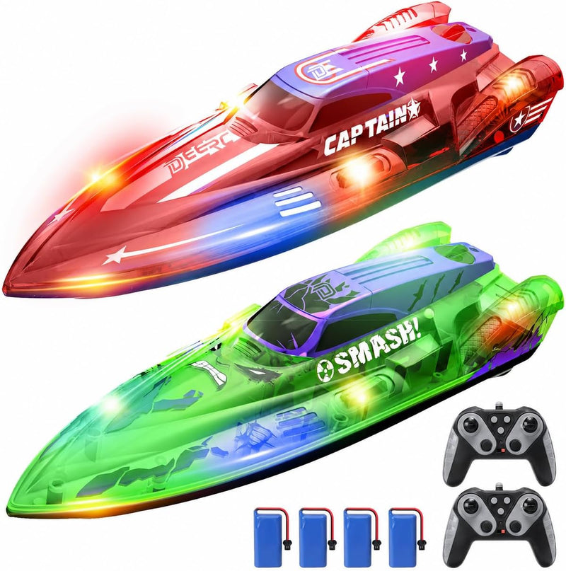 DEERC 2-pack remote control boats for kids with LED lights in green and red, white, blue