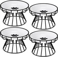 4 Sets Elevated Cat Bowls Ceramic Raised Cat Food Bowls with Metal - Black / Paw