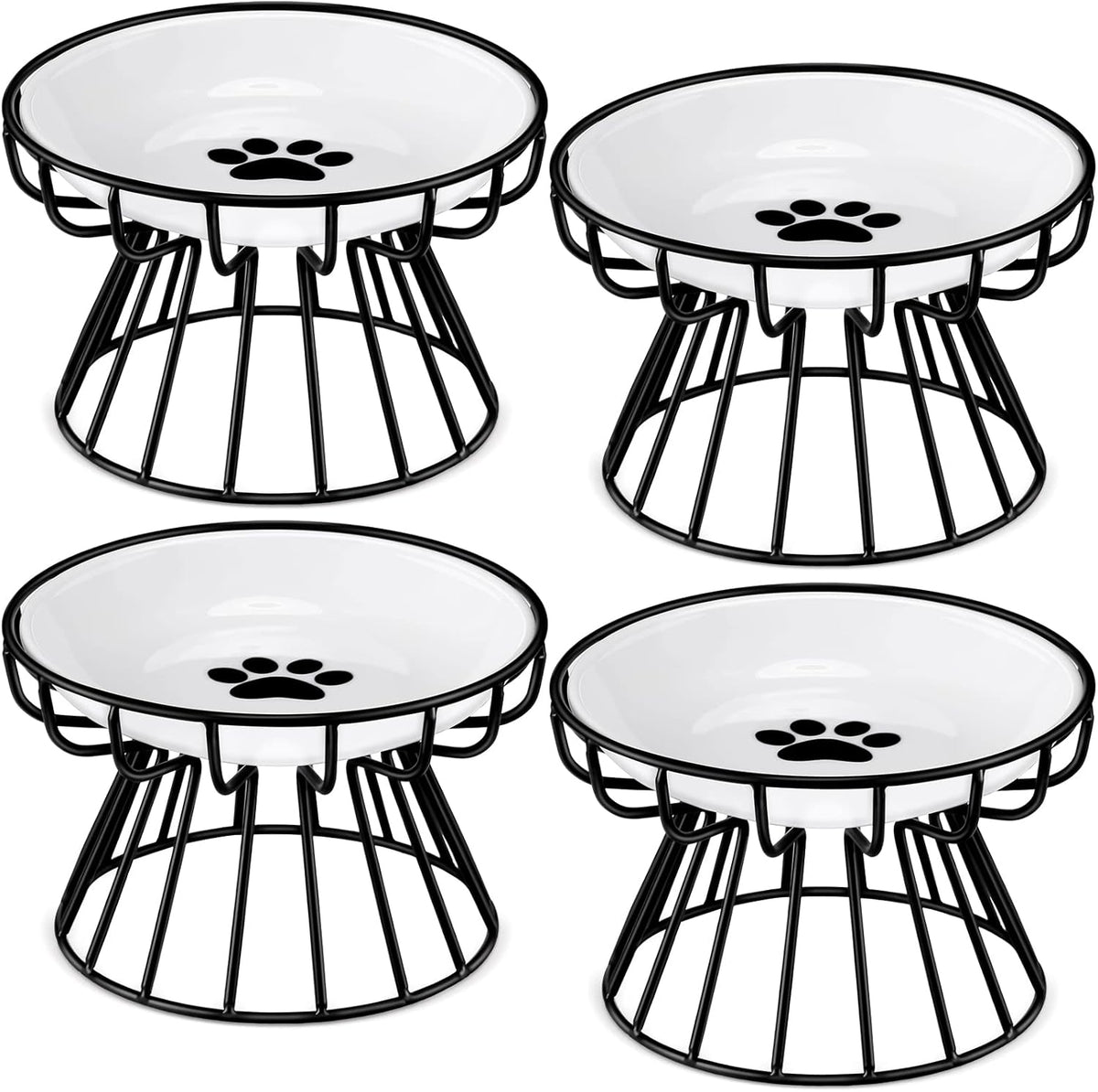 4 Sets Elevated Cat Bowls Ceramic Raised Cat Food Bowls with Metal - Black / Paw
