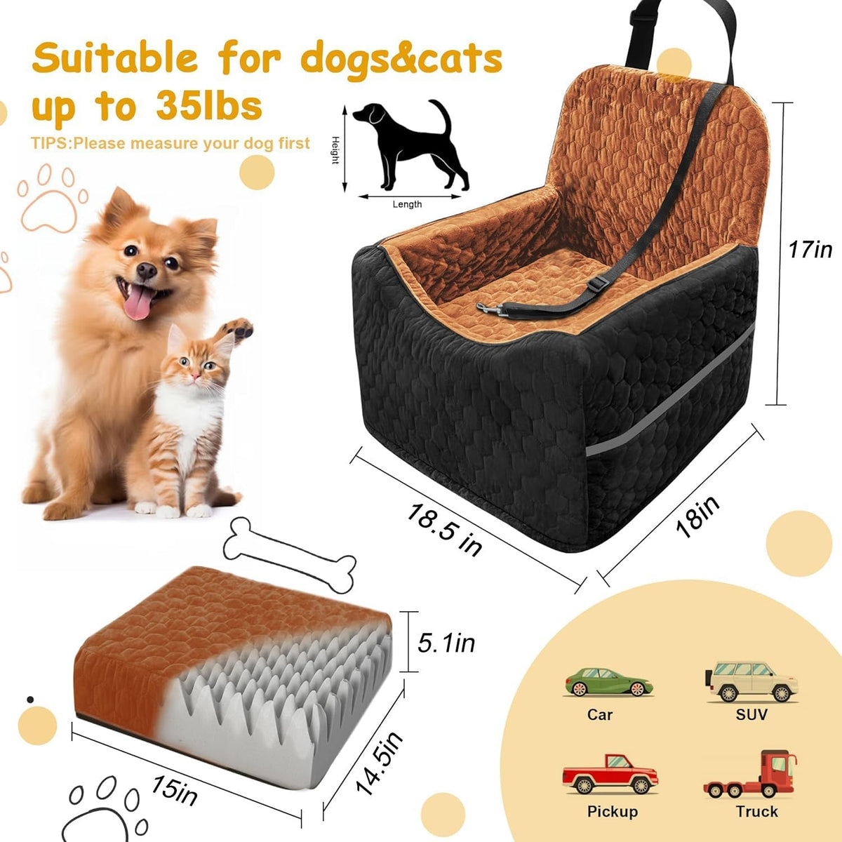 Dog Car Seat for Small/Medium Dogs, Memory Foam Dog Booster Seat - Black/Red Brown / Medium - image 2