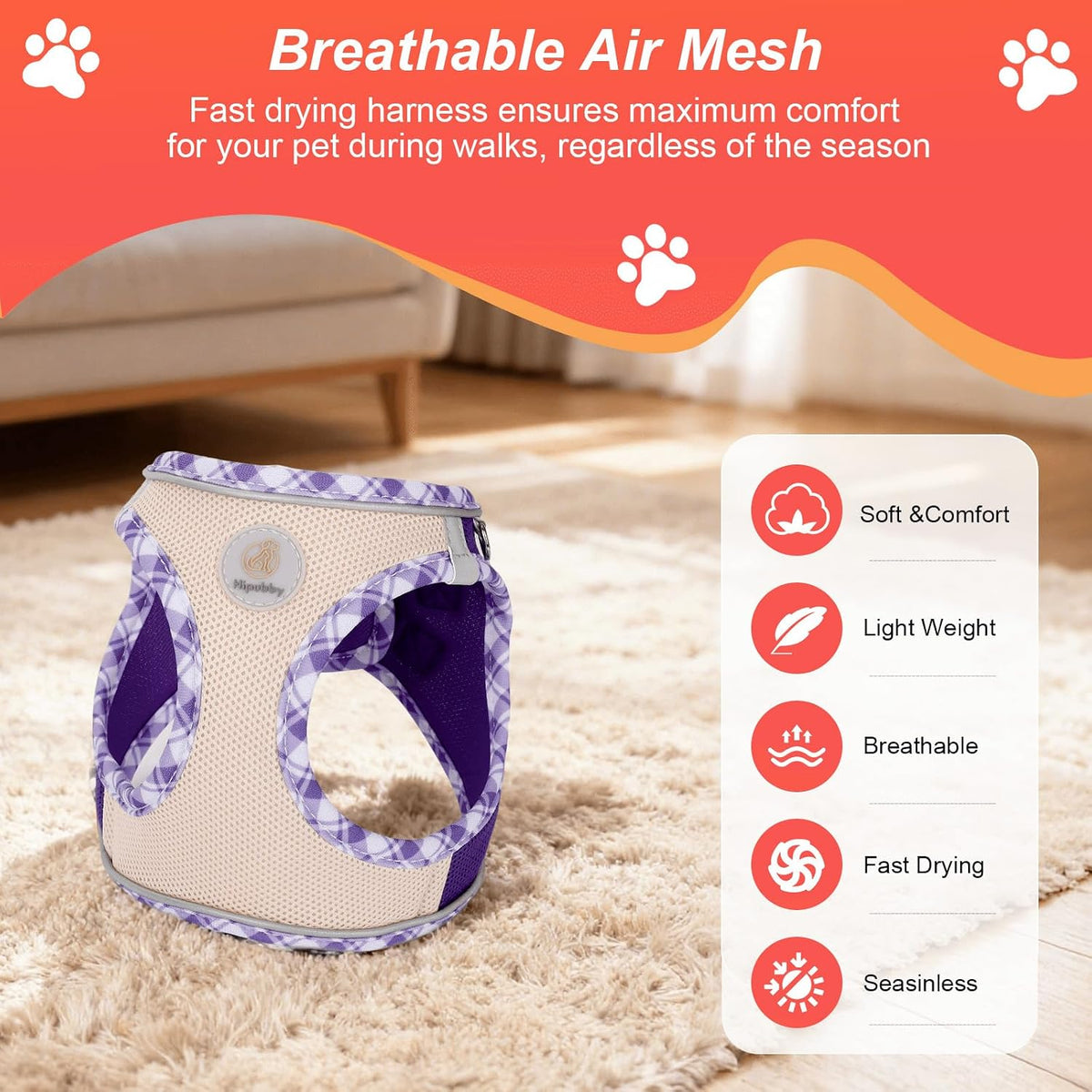 Hipubby Dog Harness Small Sized and Leash Set - Purple/White Trim / L (Chest: 18.8"-20.8") - image 2