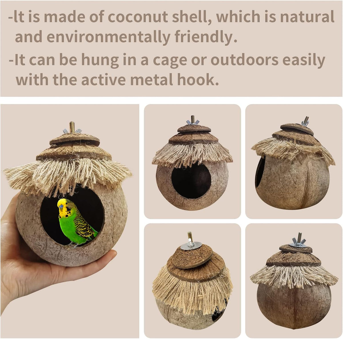Natural Coconut Hide with Ladder Perches Hanging Bird House Toy - 1pc Gasket and Screw Connection - image 2