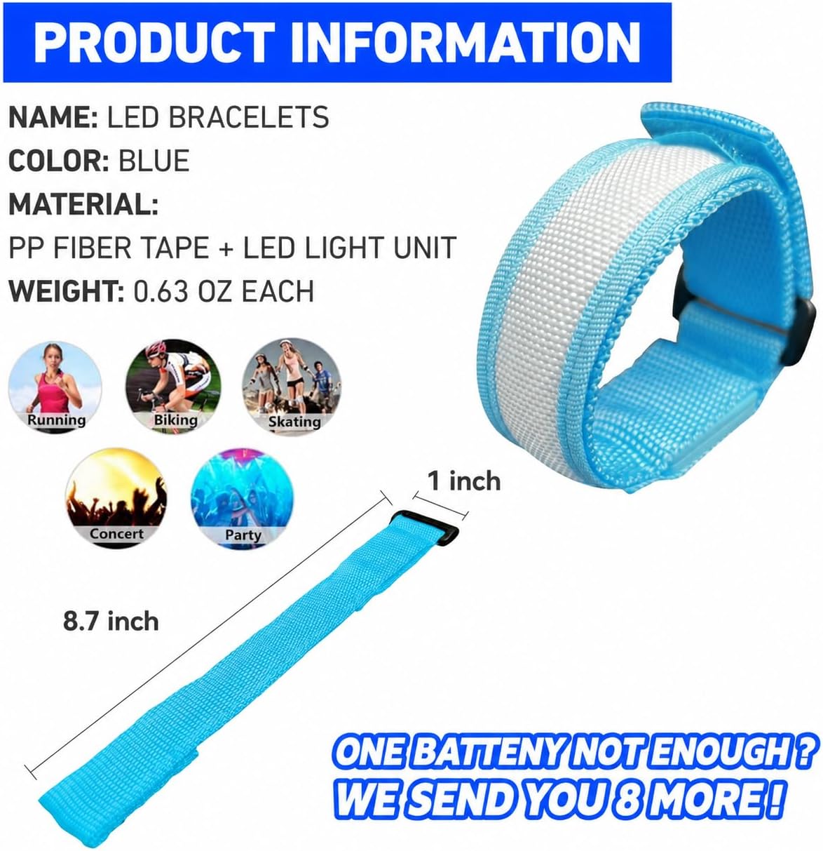 KIRALUMI 8 Pack LED Light Up Bracelets, 3 Modes - Blue - 8 PCS - image 2